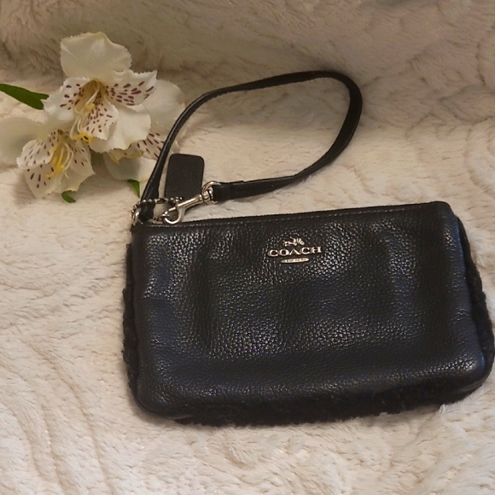 Coach Black Leather Wristlet with Textured Finish